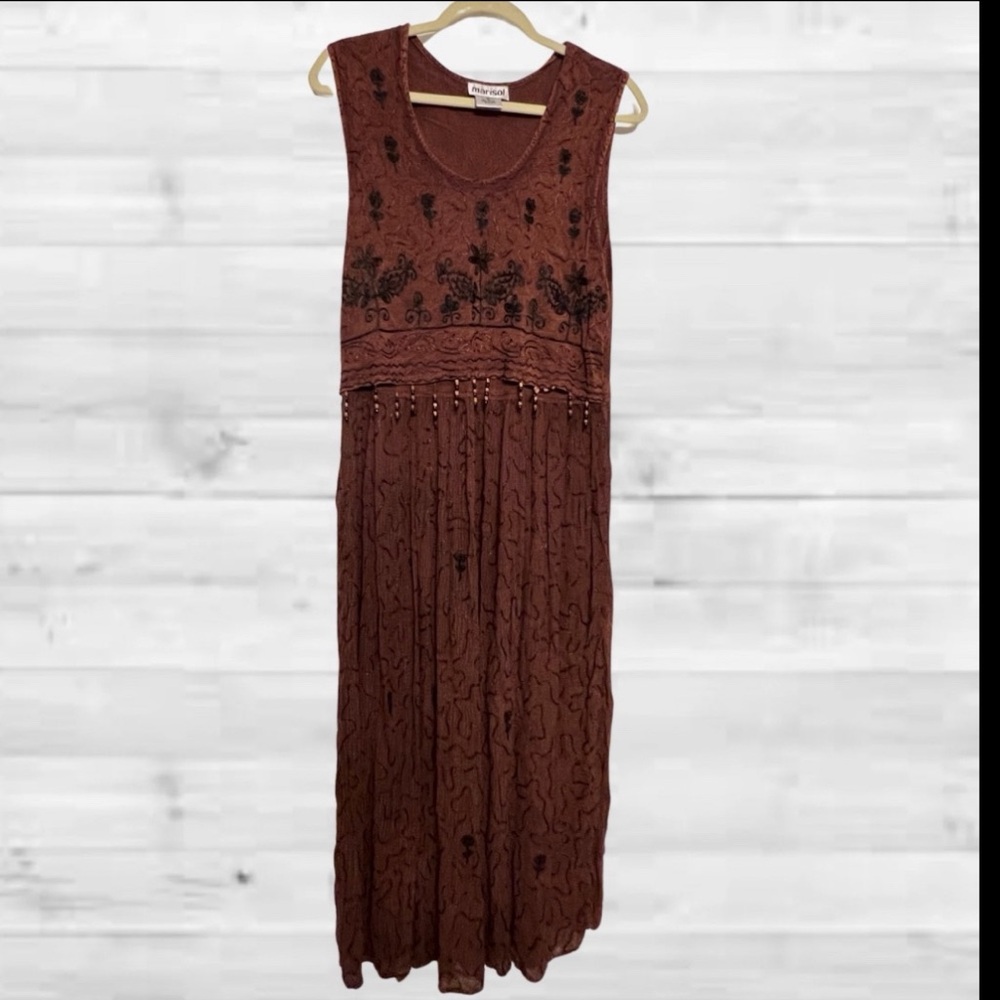 VTG Marisol Brown MIDI Cottagecore Dress Boho Embroidered Sleeveless Bead, XL - Picture 2 of 14